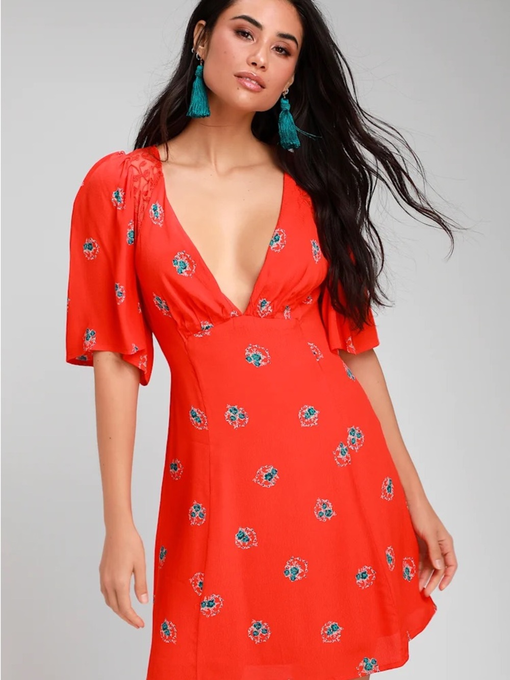 Free People Mocking bird Red V-Neck Mini Dress